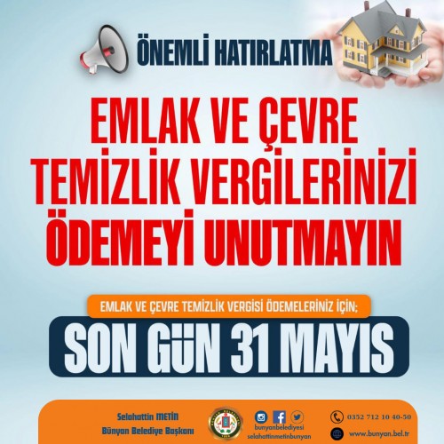 ​EMLAK VERGİLERİ İÇİN SON ÖDEME TARİHİ 31 MAYIS 2024